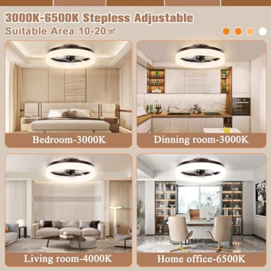 Bedroom ceiling fan with lights: low-profile flush mount, brown bladeless LED fan, 15.7in modern fandelier, 3000K-6500K dimmabl