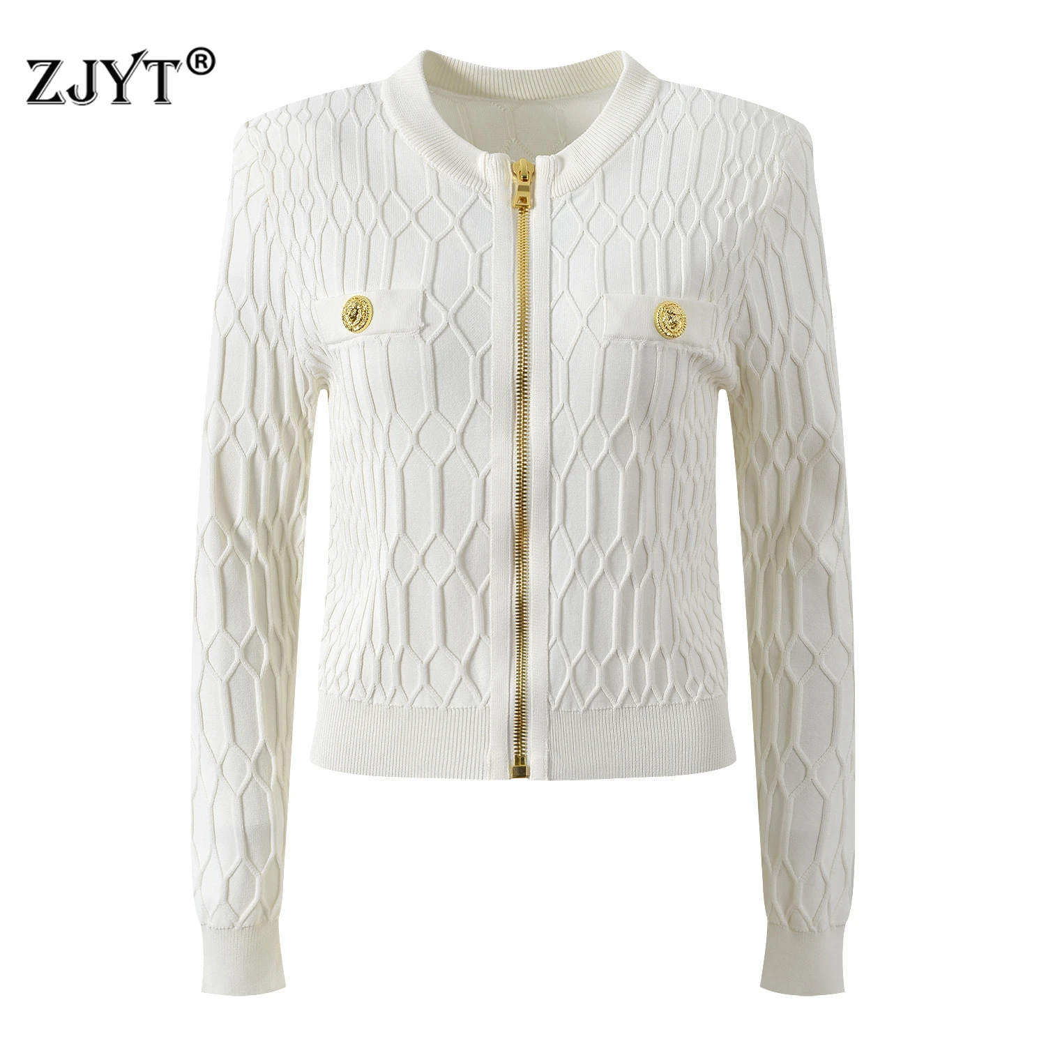 

ZJYT New Fashion Long Sleeve Plaid Knitted Cardigans Sweaters for Women Spring Autumn Zipper Up Tops White Black Jersey Mujer