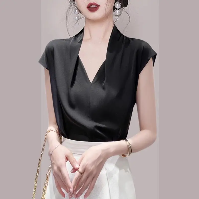 

Elegant V-Neck Spliced Solid Color Satin Blouses Women's Clothing Summer New Loose All-match Tops Office Lady Shirts
