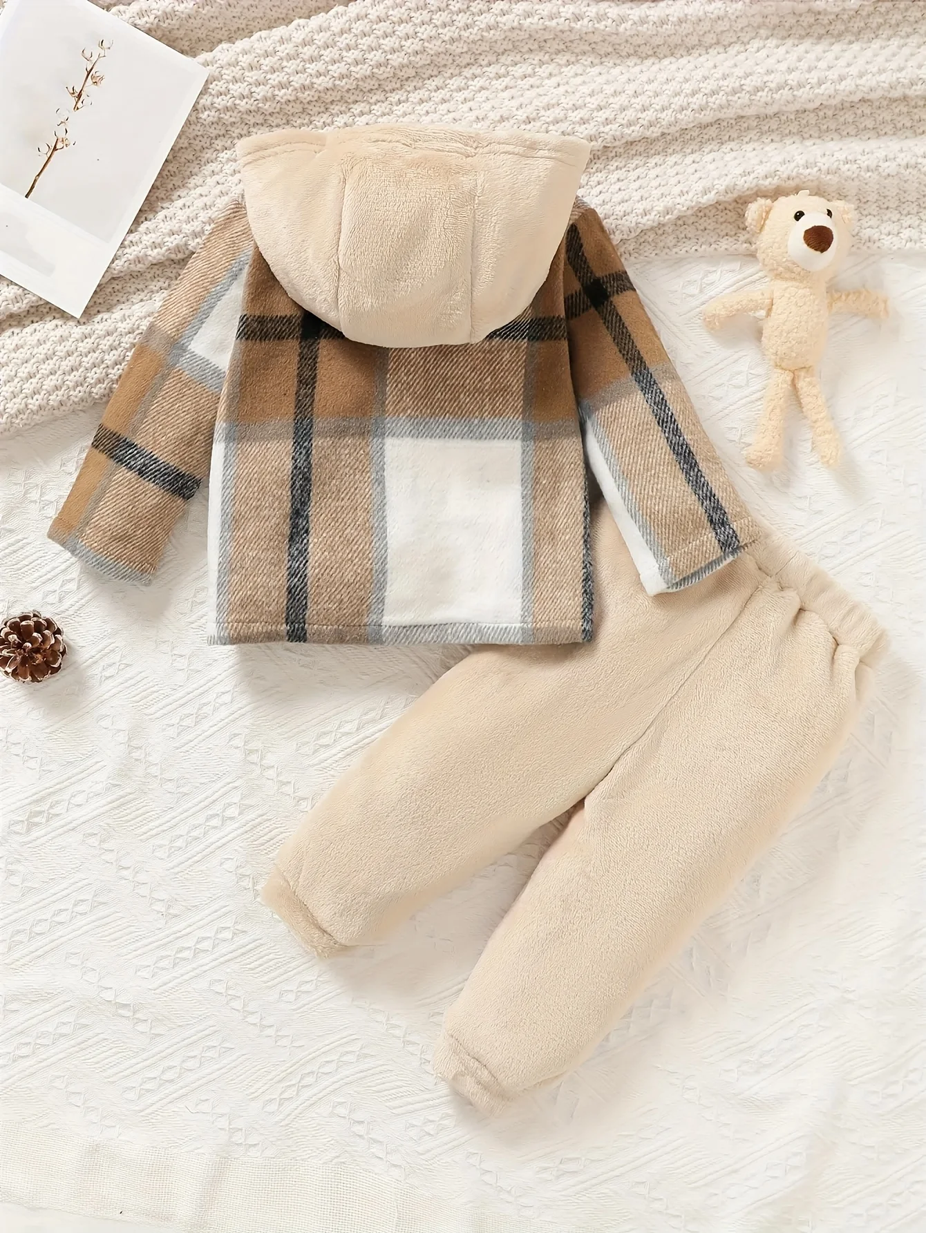 Baby Boy Plaid Patchwork Flannel Outfit with Hooded Top And Long Pants Warm Casual Adorable Two-Piece Set 2