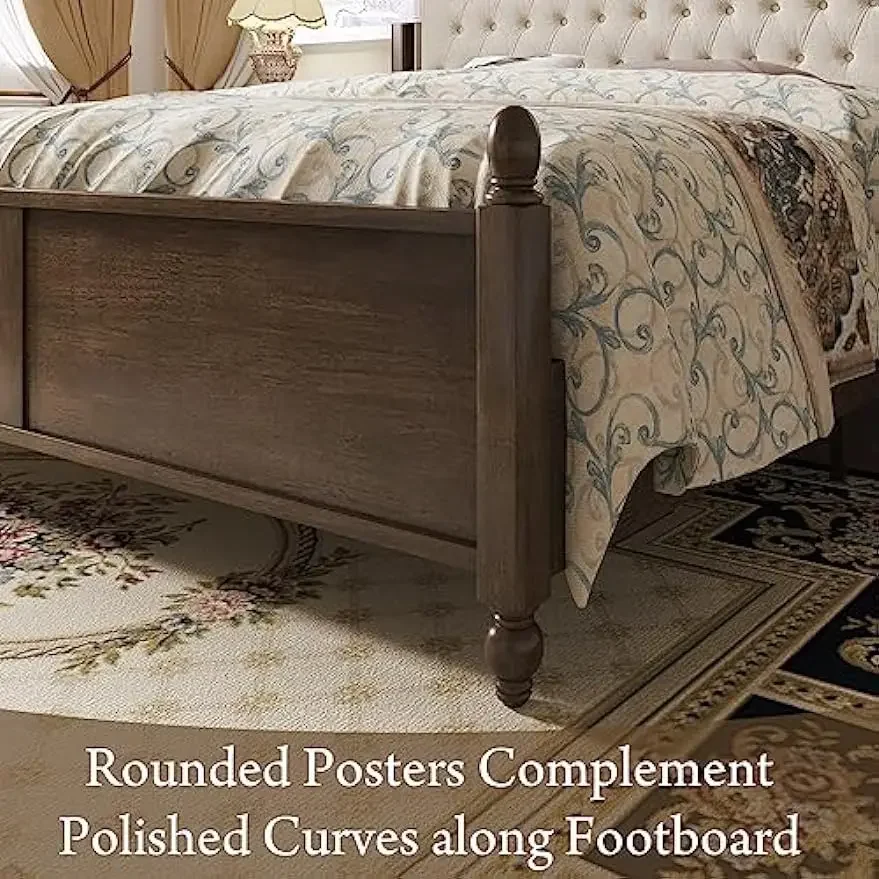 Queen Size Wood Bed Frame with Upholstered Headboard, Solid Wood Platform Bed with Linen Tufted, No Box Spring Needed