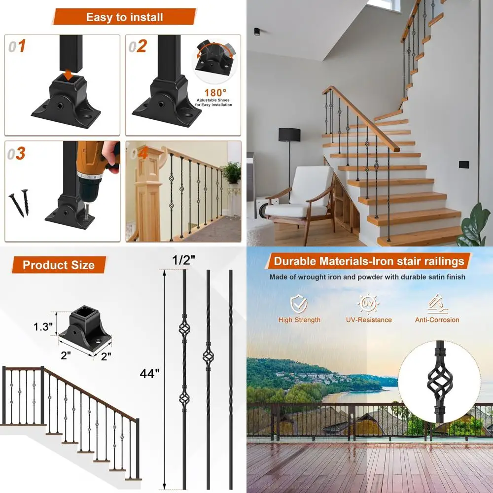 

Set of 10 44 Satin Black Hollow Basket Wrought Iron Balusters with 20 Shoes for Indoor Stair Railing
