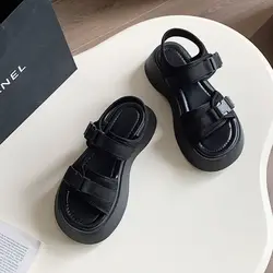 Women Black Sports Sandals Summer New Thick Bottom Heightening Roman Shoes Casual Flat Platform Sandales Buckle Sandalias Mujer