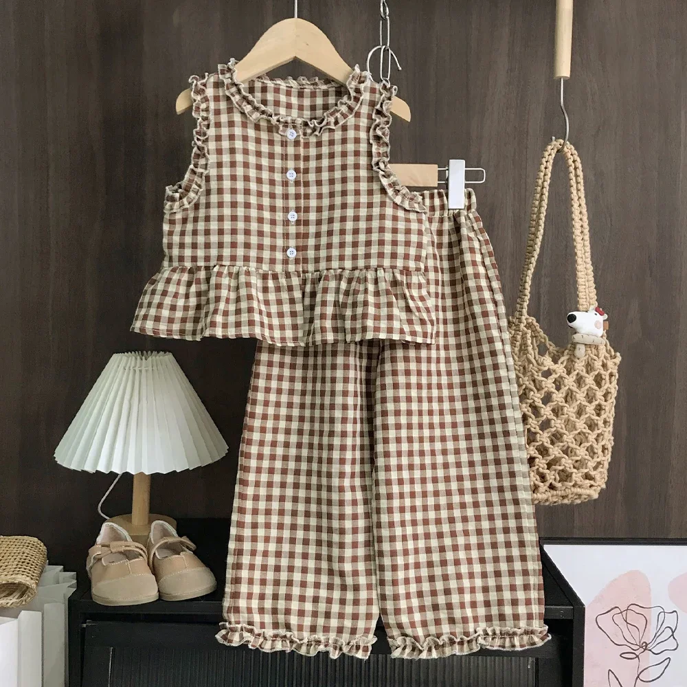 Freizeitanzug für Mädchen und Teenager im Alter von 2-10 Jahren mit kariertem Spitzenoberteil und Hose, zweiteiliges Set, koreanische Version – Detail 2