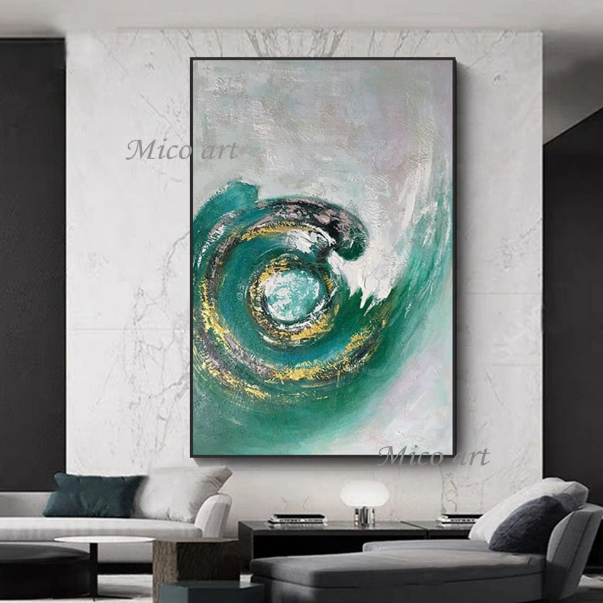 

Latest Arrival Frameless Poster Modern Gold Foil Painting Abstract Sea Wave Wall Green Acrylic Art Decor Canvas Picture Gifts