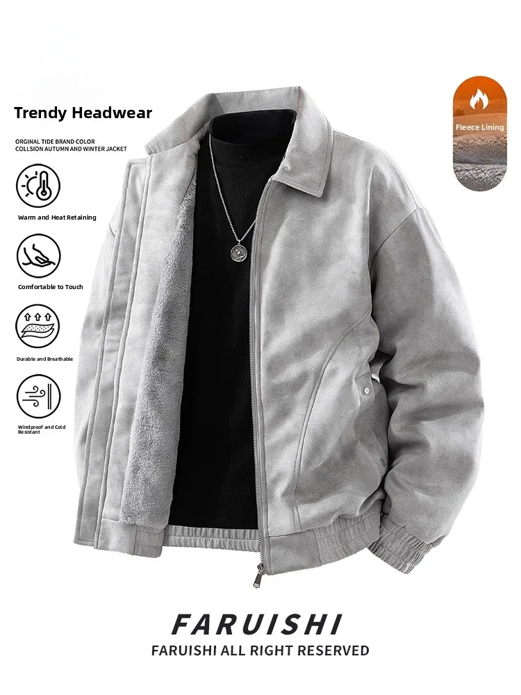 

American Sle Retro Suede Fce Lined Jaet Men's Thi Winter Cotton Coat Detroit Outerwear Casual Long Sve Zipper Clo...