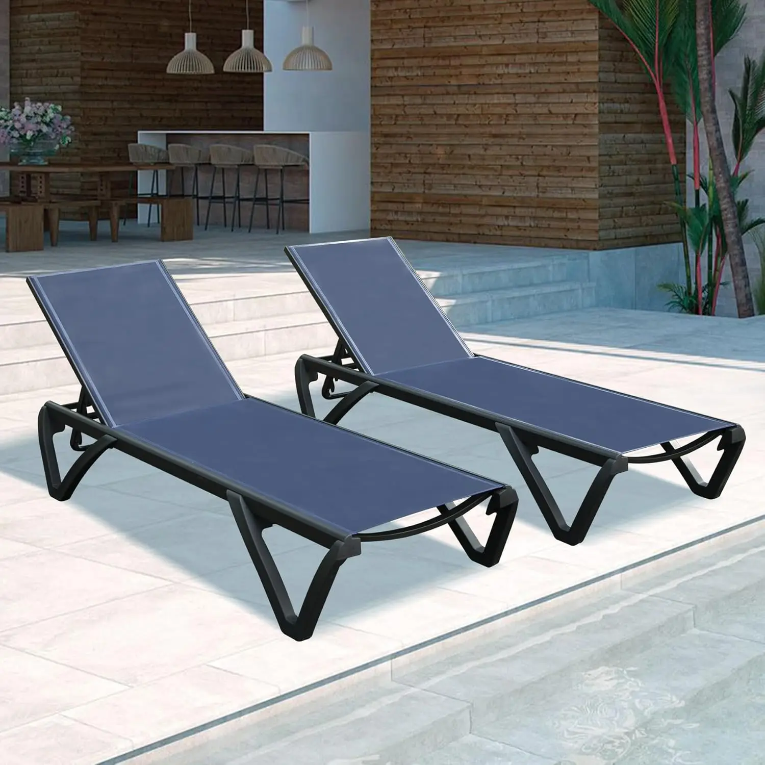 Domi Patio Sillones Juego de 2 Chaise Lounge de piscina de aluminio con respaldo ajustable de 5 posiciones y ruedas Azul marino