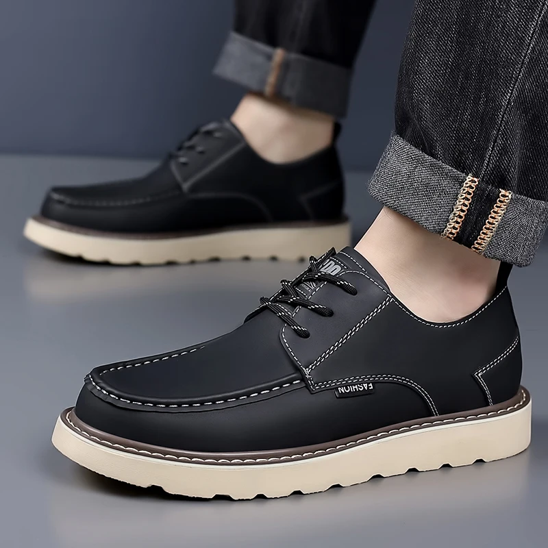 Men Vintage Stitched Leather Boat Shoes Low Top Lace Up Platform Work Shoes Thick Rubber Sole Anti Slip Daily Walking Business O