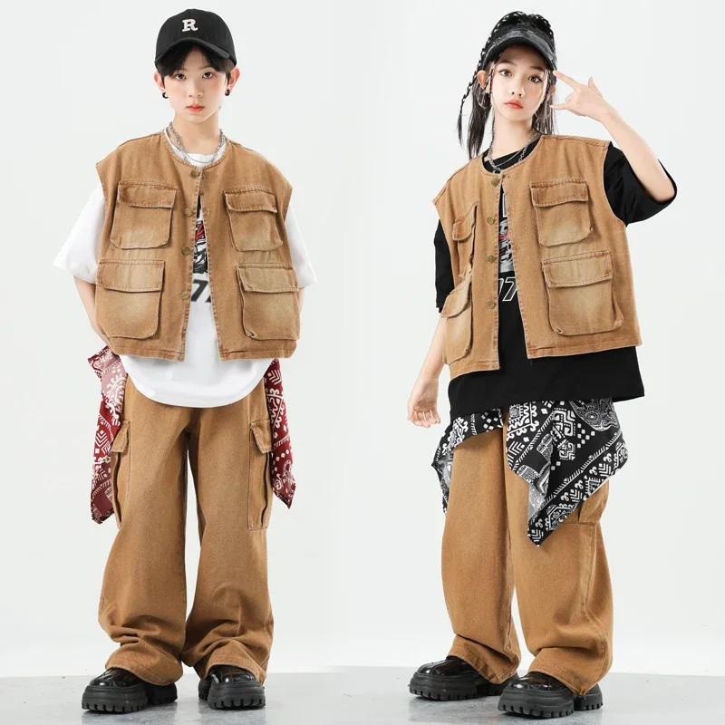 Meninos hip hop denim colete solto carga calças jeans meninas dança de rua corredores crianças jazz k-pop conjuntos de roupas crianças streetwear