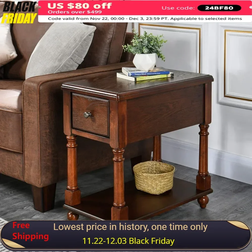 Solid Wood End Table,Narrow End Table with Drawer and Storage Shelf, Solid Sofa Side Table,Slim Beside Tables,Storage End Tables