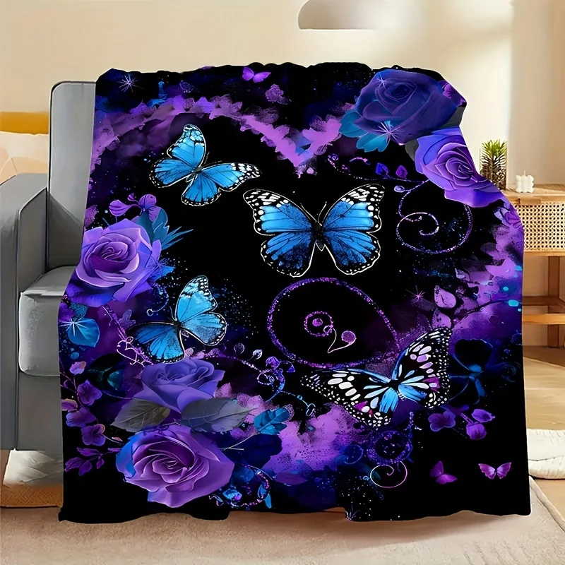 

Vintage-Inspired Soft & Warm Plush Blanket with Purple Roses, Heart Garland & Blue Butterfly - Perfect for Living Room, Bedroom