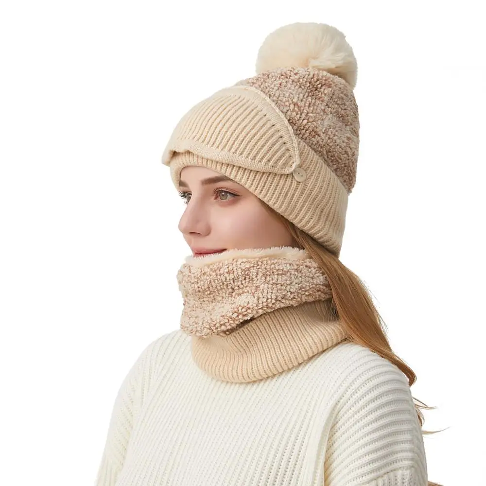 Gorro de invierno 3 en 1 con pompón, pasamontañas con forro polar de punto, máscara facial, bufanda para el cuello, cálido y holgado