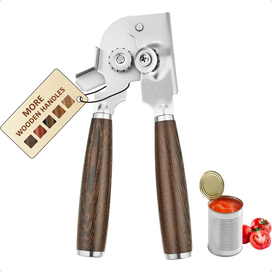 

Portable Kitchen Manual Can Opener and Bottle OpenersSoft Ergonomic Solid Wood Handle Heavy Duty Stainl Steel Sharp Blade with