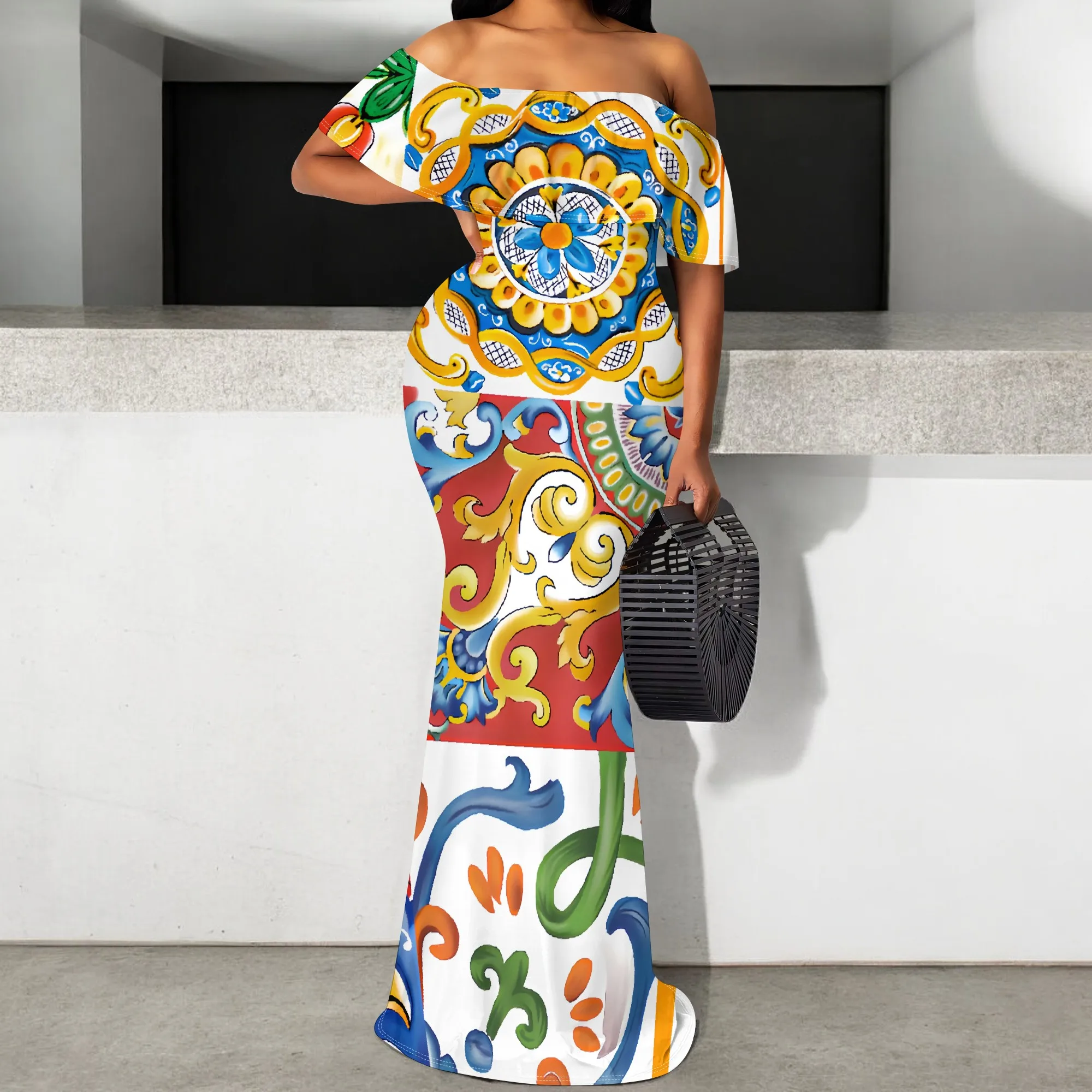 

S-3XL Italian Tile Print Maxi Dress Off Shoulder Summer Holiday Boho Dress for Women