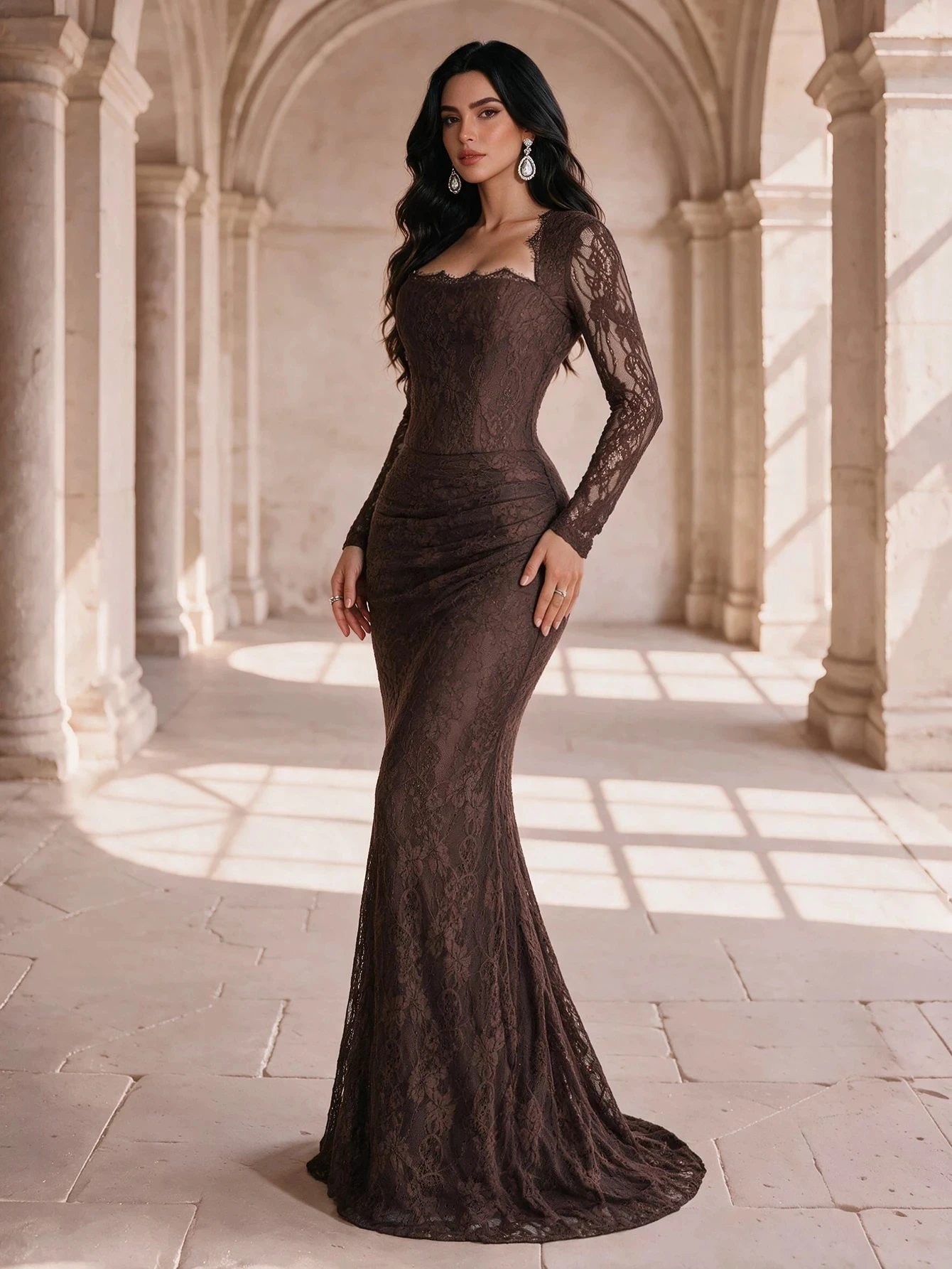 Chocolate Square Neck Lace Mermaid Prom Dress Long Sleeve Ruched Floor Length Formal Gown For Women Wedding Guest