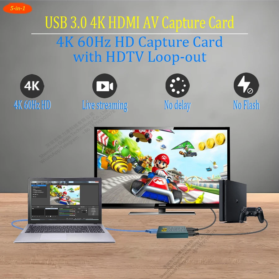 USB 3.0 4K HDMI AV Capture Card 4K 60Hz HD Capture Card with HDTV Loop-out for PS5/Xbox/Switch/Steam Deck, Laptop, HDTV Camera