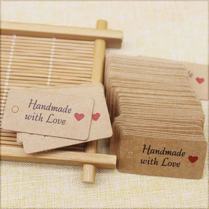 100pcs Kraft Paper Tags with Strings Handmade with Love Hang Tags Garment Tags for Candy/Gift/Cookies Display Packing Label Card
