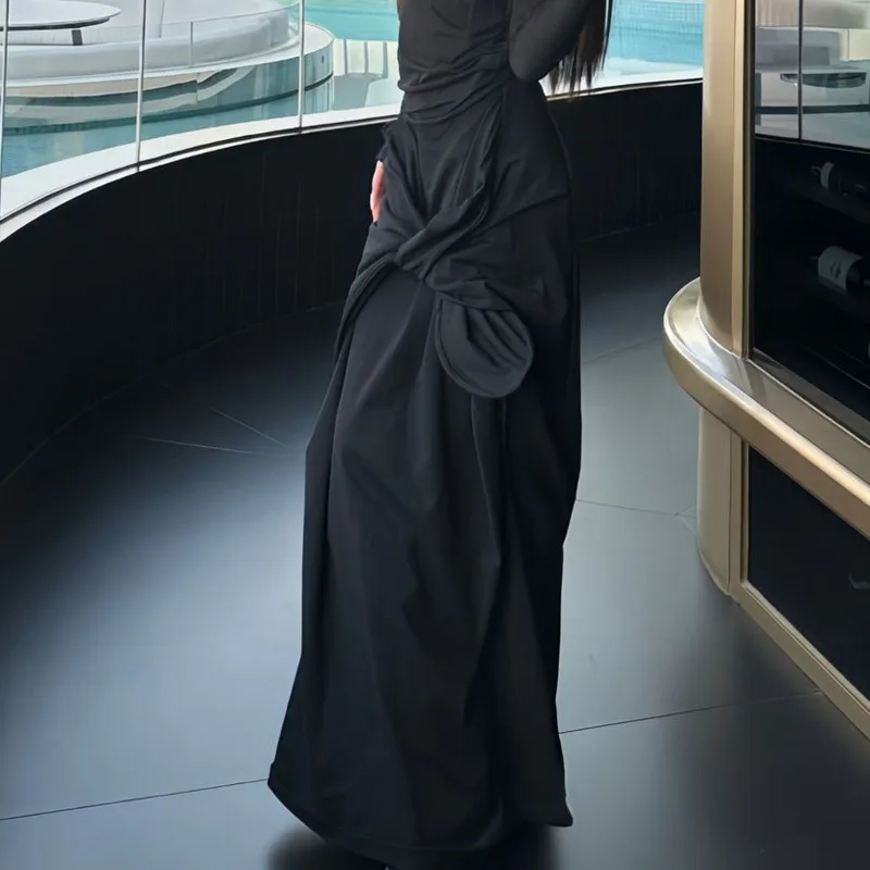 HKSH 2026 Spring Autumn New Women Knitted Skirt Bow Pleated Versatile Elegant Chic Dark Y2K Retro Solid Color Ins Skirts HK18696