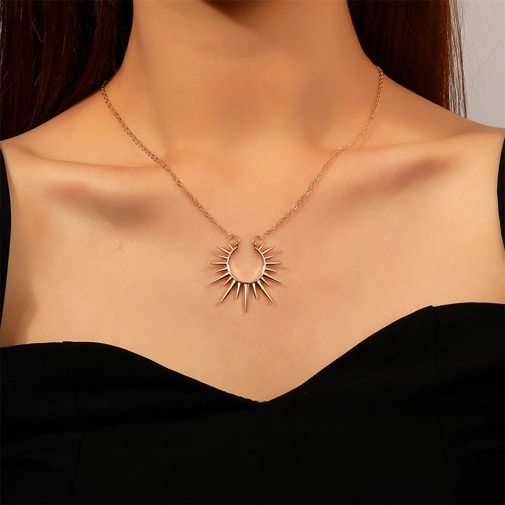 2022 Trendy Korean Gold Color Hollow Out Geometric Sun Pendant Necklace  for Women Vintage  Party  Jewelry Gifts