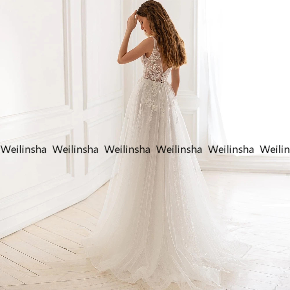 Cap Sleeve Beach Wedding Dresses Deep V Neck Full  2022 Soft Tulle less Women Dress New Robe De Mariée Zipper Back