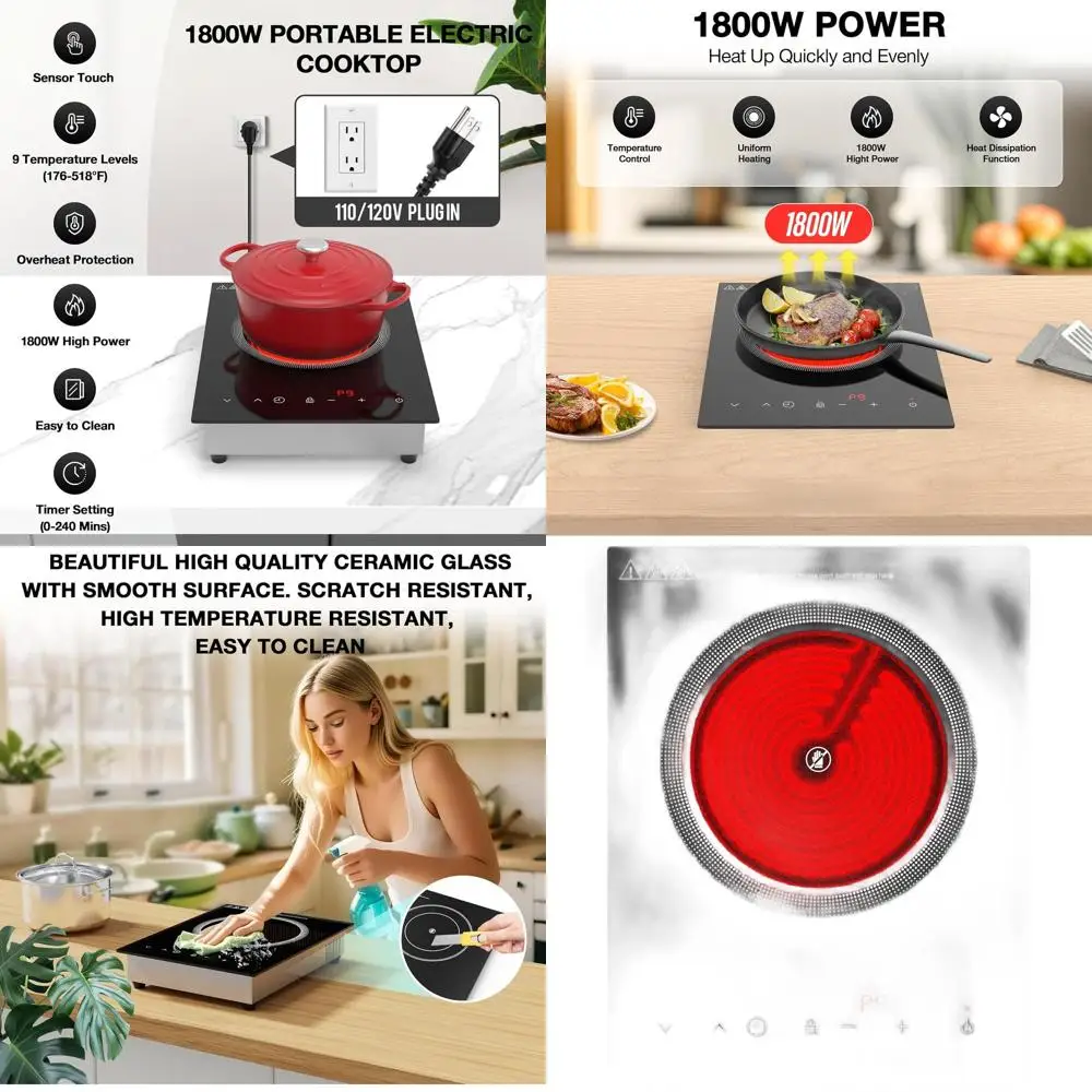 

Портативная электрическая плита 110В 1800Вт с LED-дисплеем, 9 уровней мощности, таймером на 4 часа, защитой от перегрева и блокировкой безопасности