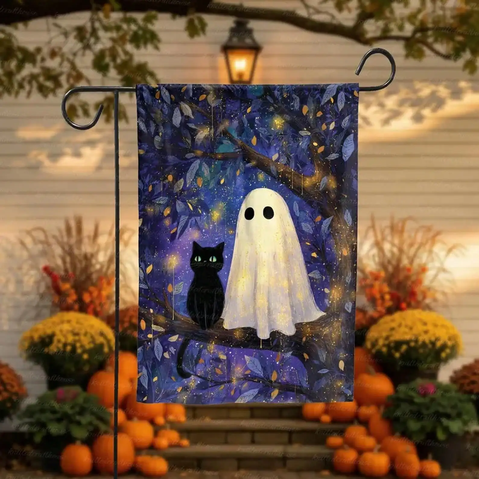 Halloween Ghost Cat Garden Flag, Spooky Outdoor Yard Decor, Cute Black Cat And Ghost Decoration, Autumn Porch Hanging Sign, Magical Flag,Fall Home Decor