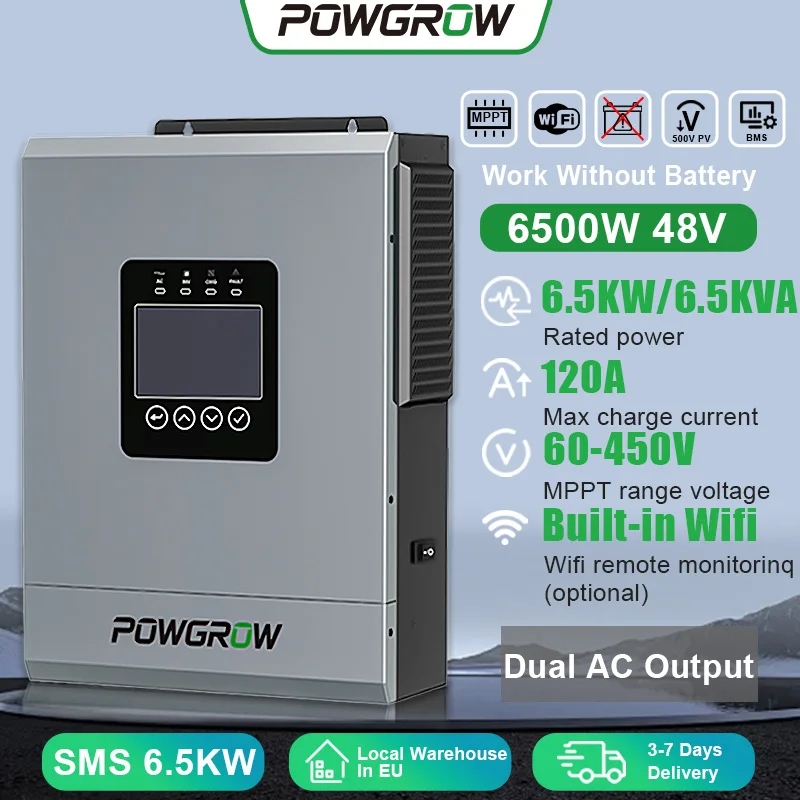 POWGROW Onduleur hybride solaire 6500W Chargeur 48V 6500VA Batterie 60V-500V Onde sinusoïdale pure 220VAC 120A Contrôleur de charge solaire MPPT