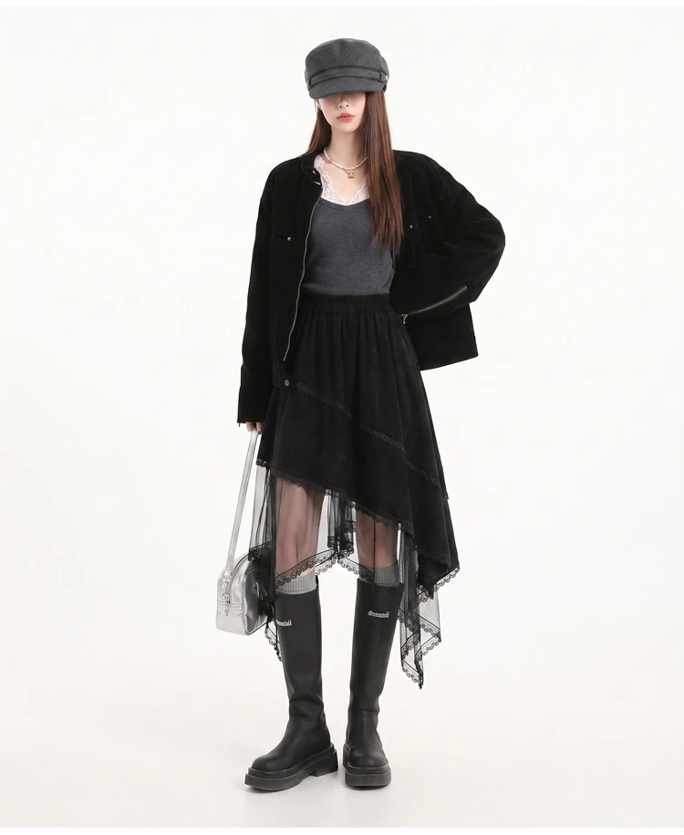 2026 Damen-Midirock mit Wildleder-Optik und Spitzenbesatz, Vintage-Brauntöne, elastischer Bund, unregelmäßiger Saum, Tüll, A-Linie, lässiger Halbrock – Detail 18