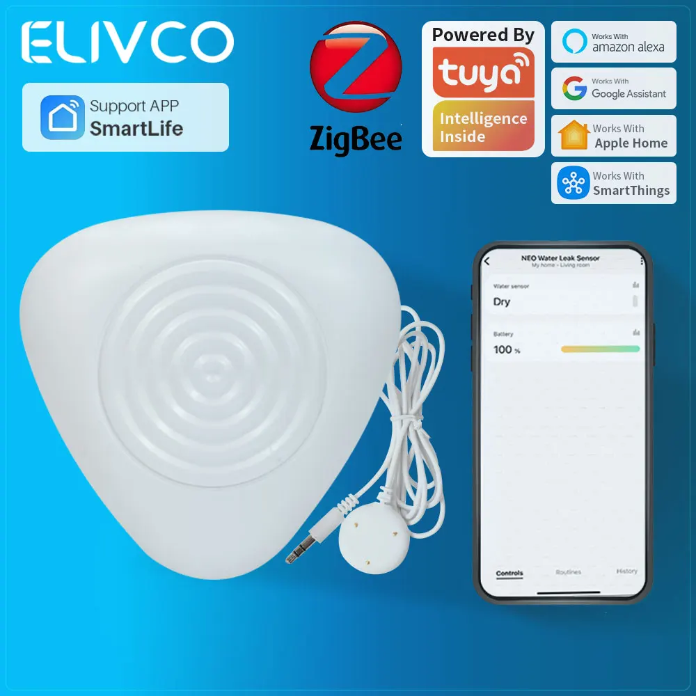 

Датчик протечки воды Tuya ZigBee 3.0 с сигнализацией, детектор перелива и затопления, поддержка Smart Life, HomeKit, Home Assistant, SmartThings