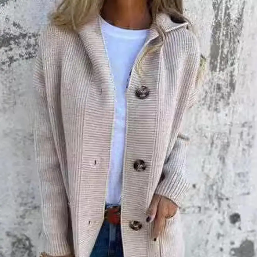 Elegant Women Knitted Cardigan Hooded Long Sleeve Single Breasted Sweater Coat with Pockets Solid Color Mid-length Knitwear