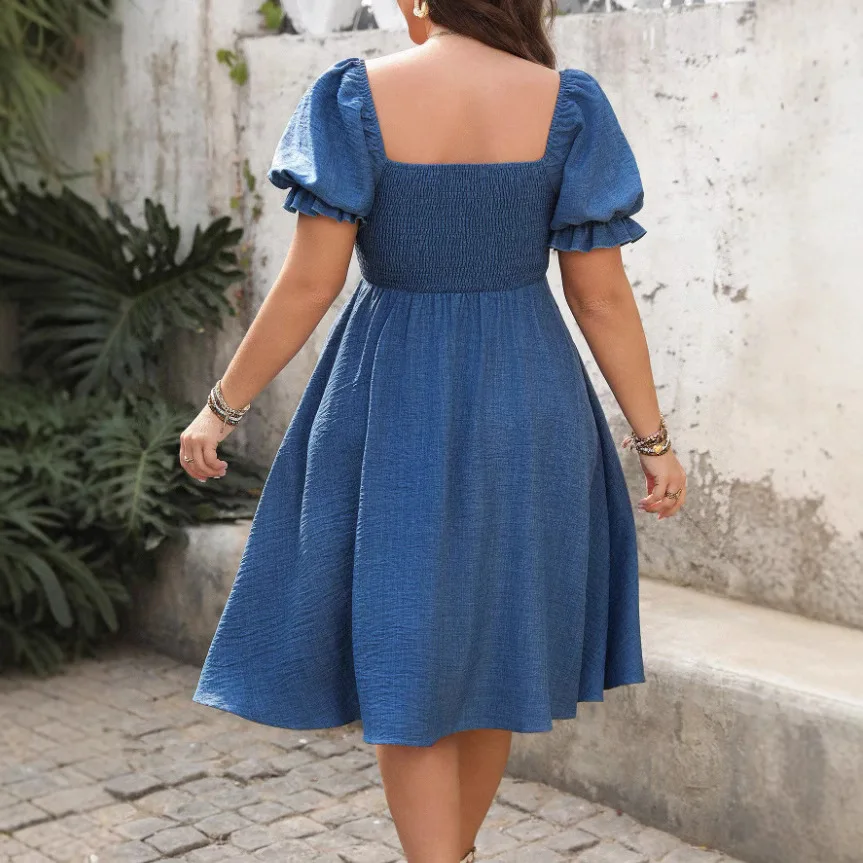 Robe mi-longue trapèze pour femmes, grande taille, élégante, couleur unie, Design de boutons, smockée, col carré, à volants, manches courtes bouffantes, pour l'été