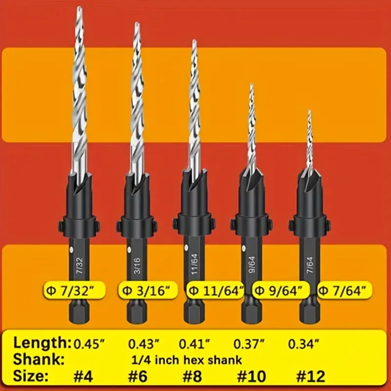 Countersink Brocas para Carpintaria, Piloto Contra Sinker Set, Hex Haste com Ponto Cônico, 5Pcs, 1/4"