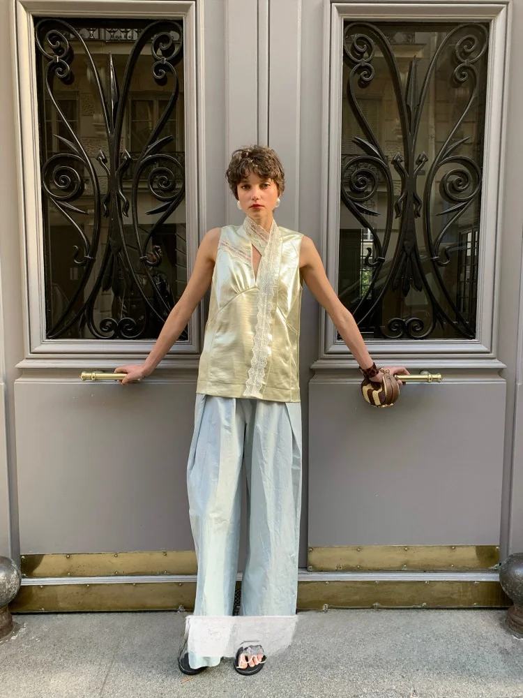 

Faionable Svel Top with Scarf Collar Lace Trim And Satin Design by Spoii Polyester Material Commute Sle Pure Color