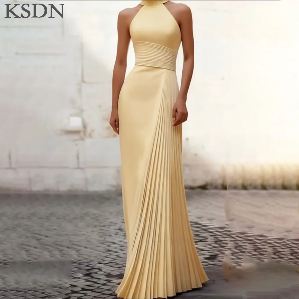KSDN Eenvoudige Aangepaste Avondjurken Hoge Hals Mouwloos Vloerlengte Jurken Elegante Vrouwen Gedrapeerde Prom Dress Vestidos