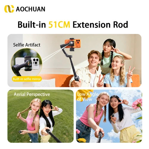 Imagen 2 del producto Estabilizador de cardán portátil AOCHUAN, seguimiento inteligente X3 AI, varilla de extensión integrada de 51CM para iPhone 17 16 15 Android Vlog Shooting