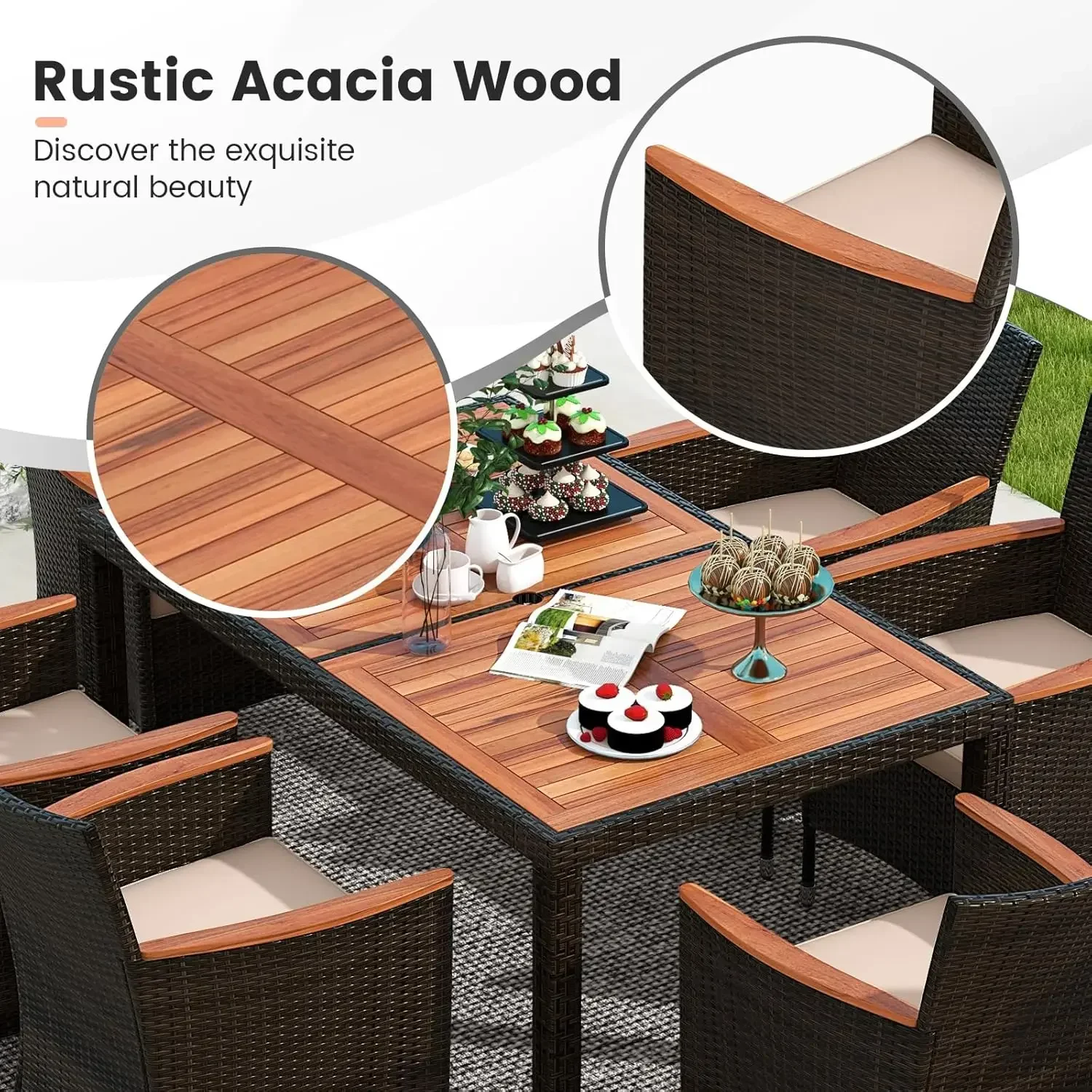 7 Pieces Patio Dining Set with 1.96” Umbrella Hole and Cushions, Acacia Wood Table & 6 Stackable Chairs, Wicker Outdoor Tables