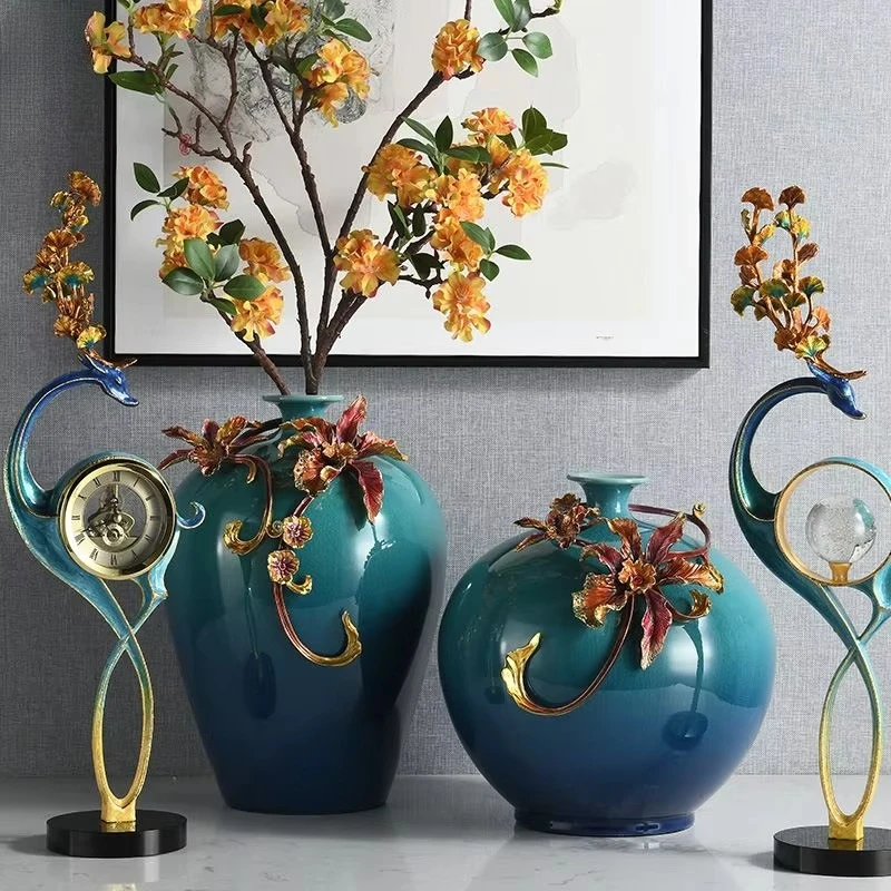 &c Elegant Round Spherical Art Vase With Exquisite Enamel Colored Floral High Quality Blue Ceramic Vase for Living Room Home