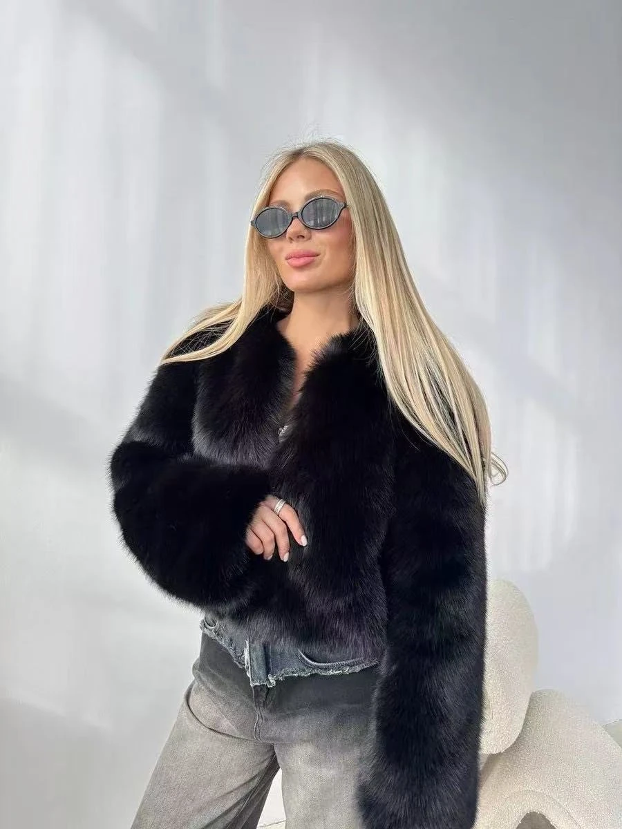 2026 Autumn Winter Women Faux Fur Jacket Open Front Fluffy Long Hair Cropped Coat Black White