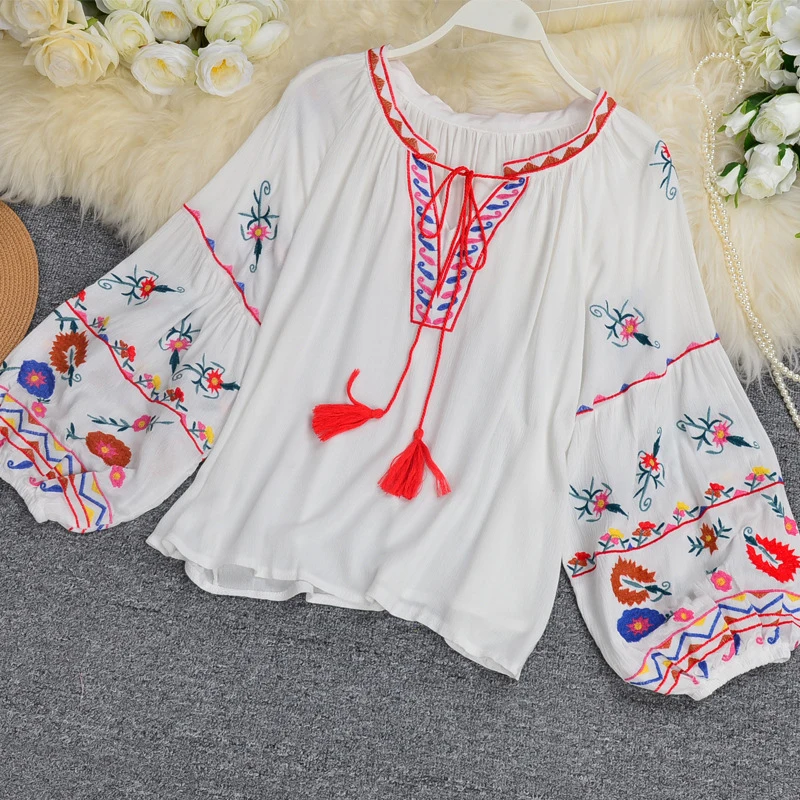 Spring Women Blouse Indie Folk Embroidery Lace-Up Tassel O-Neck Lantern Sleeve Tops Loose Cotton Female Blusa Casual Shirts