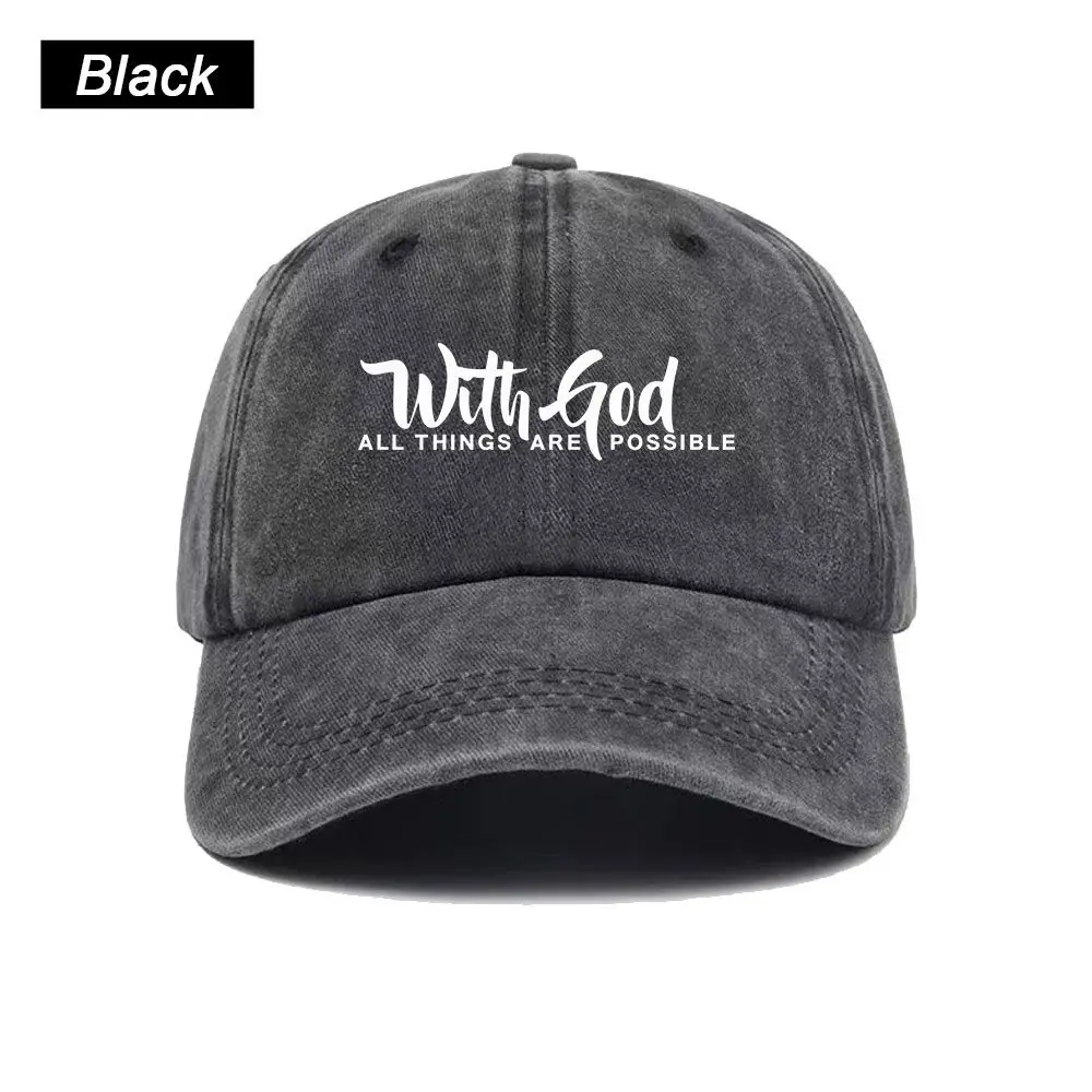 Vintage Washed Baseball Cap With God All Things Are Possible Print Graphic Unisex Streetwear Casual Trucker Style Cotton Sun Hat