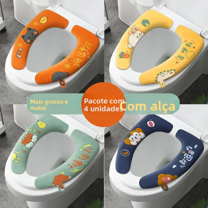 防水便座クッション家庭用ハンドル付き便座カバー四季通用トイレリング漫画かわいいスタイル