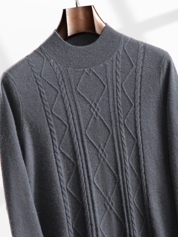 Autumn Winter Men 100% Cashmere Sweater Luxury Mock Neck Pullover Casual Smart Jumpers Cable Stitch Soft Cozy Knitwear Tops