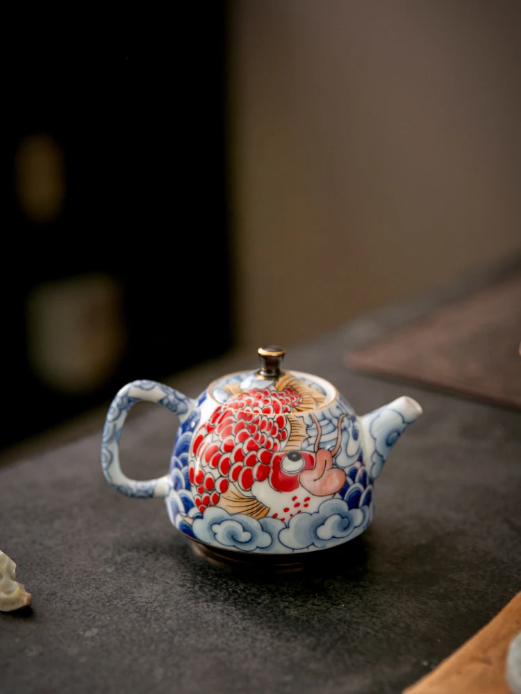 Vintage Glazed Blue and White Dragon Fish Nafu Tea Pot Kung Fu Tea Set Household Chinese Ceramic Teapot