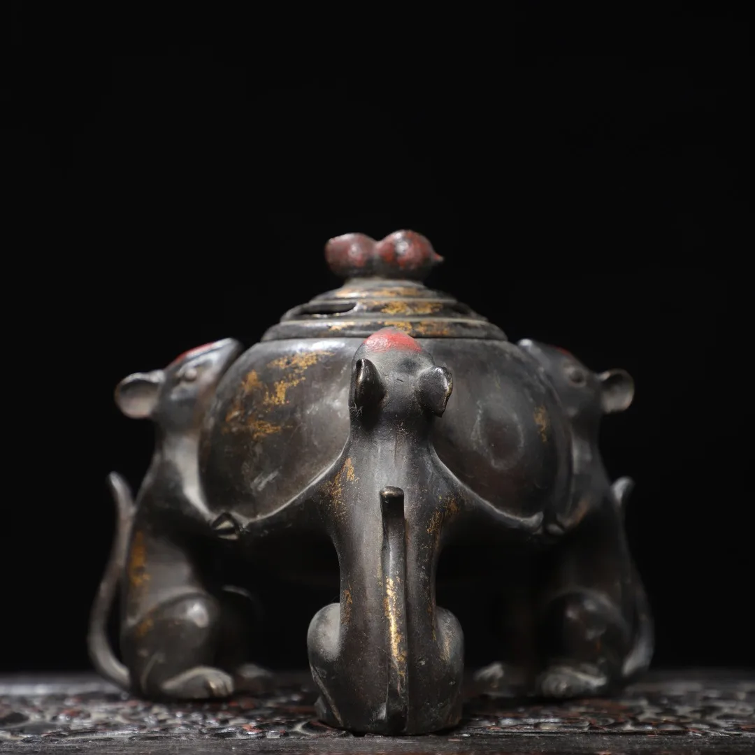 Old copper hand-made mouse brother censer statue,Free shipping