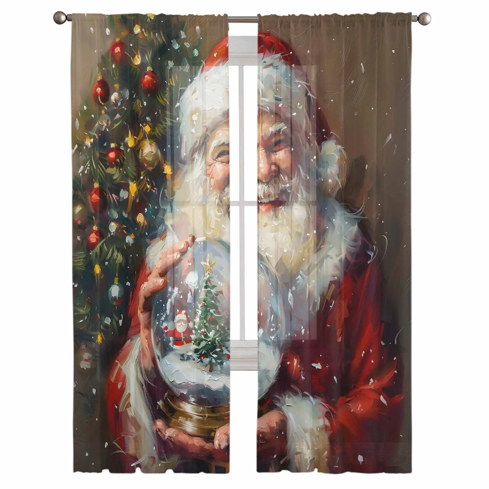 Christmas Santa Claus Christmas Tree Chiffon Sheer Curtains for Living Room Bedroom Decor Kitchen Window Voiles Tulle Curtain