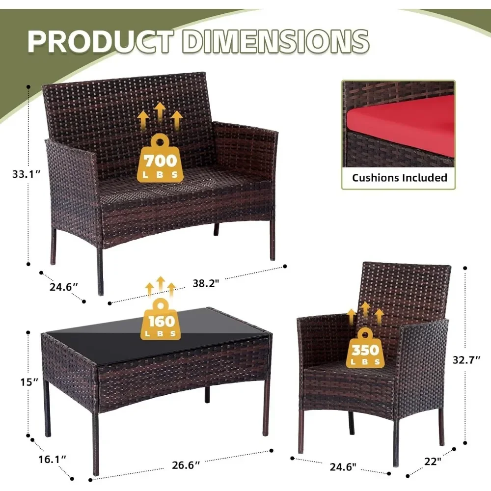 Set 4 Pieces Conversation Sets Wicker Rattan Chairs Garden Backyard Balcony Porch Loveseat and Tempered Glass Table(Brown/Red)