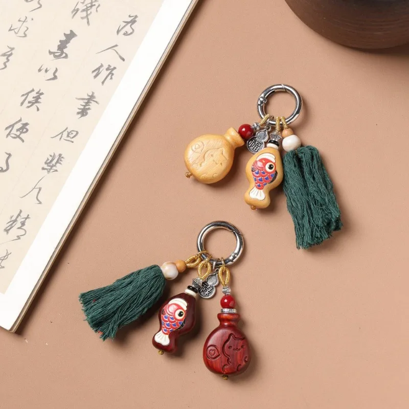 Unique Sandalwood Carved Cat With Fish Pendant, Bumper Harvest Design, Cute Keychain Bag Hanging Ornament, Creative Small Gift