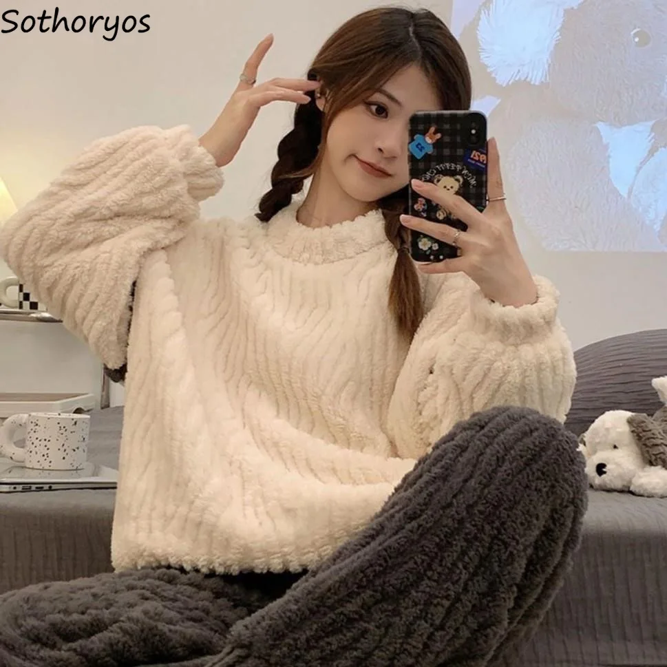 

Зимние пушистые пижамные комплекты для женщин, утепленные, свободные, новые, с круглым вырезом, для отдыха, мягкие, милые, базовая одежда для сна для девочек, шикарная, модная OOTD