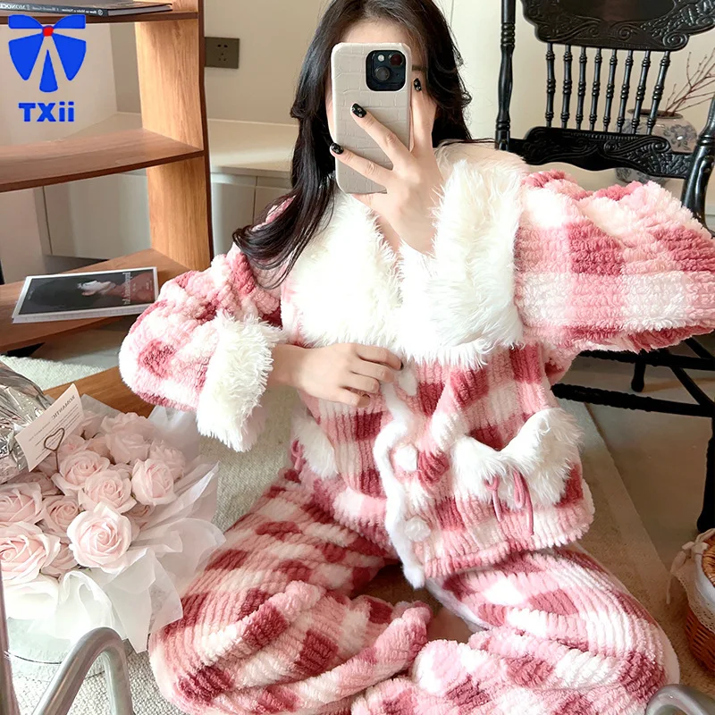 TXii Pajamas Women's Winter Coral Fleece Outer Wearing Plaid Printed Home Wear Wool Collar Long Sleeve Cardigan Flannel suit