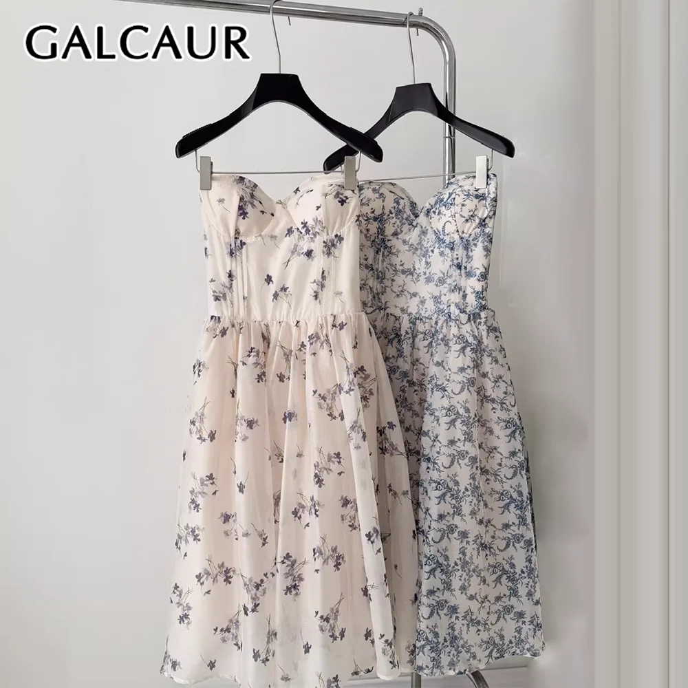 GALCAUR Colorblock Slimming Spliced Printing Dress for Women Strapless Sleeveless Patchwork Mesh Dresses Female Elegant Style